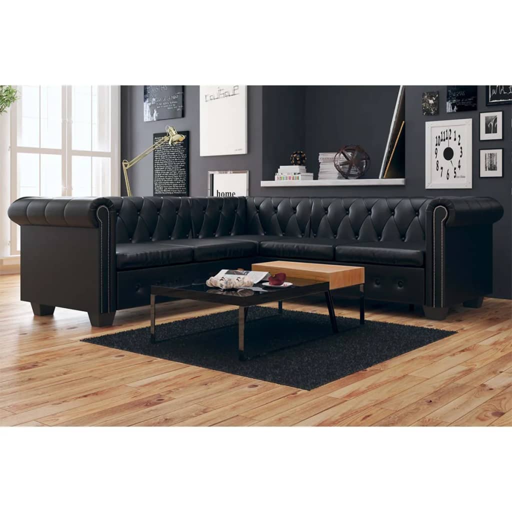 Black Chesterfield Corner Sofa 5-Seater | Tufted Designer L-Shape