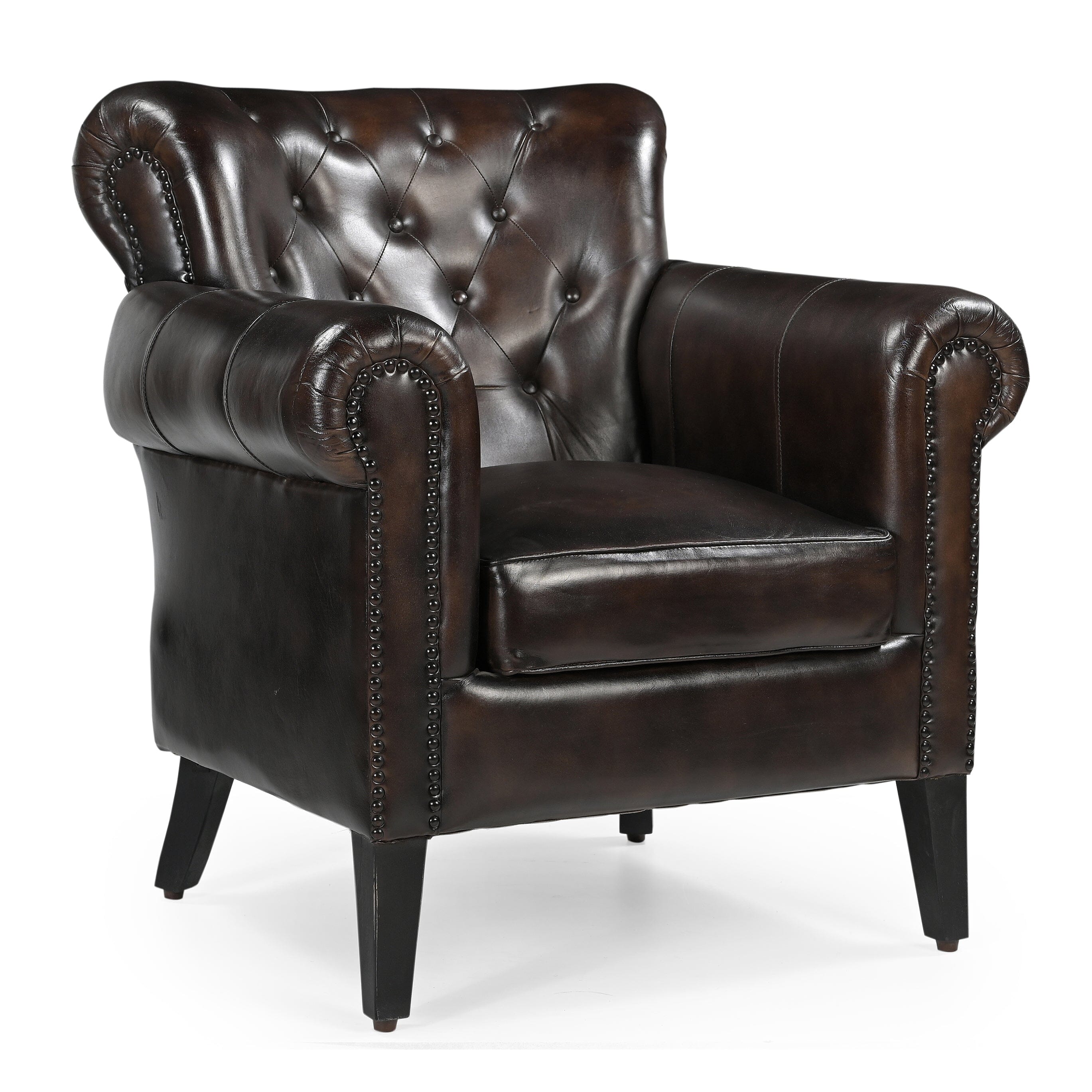 Handcrafted Chocolate Leather Armchair | Studded Genuine Leather & Mango Wood