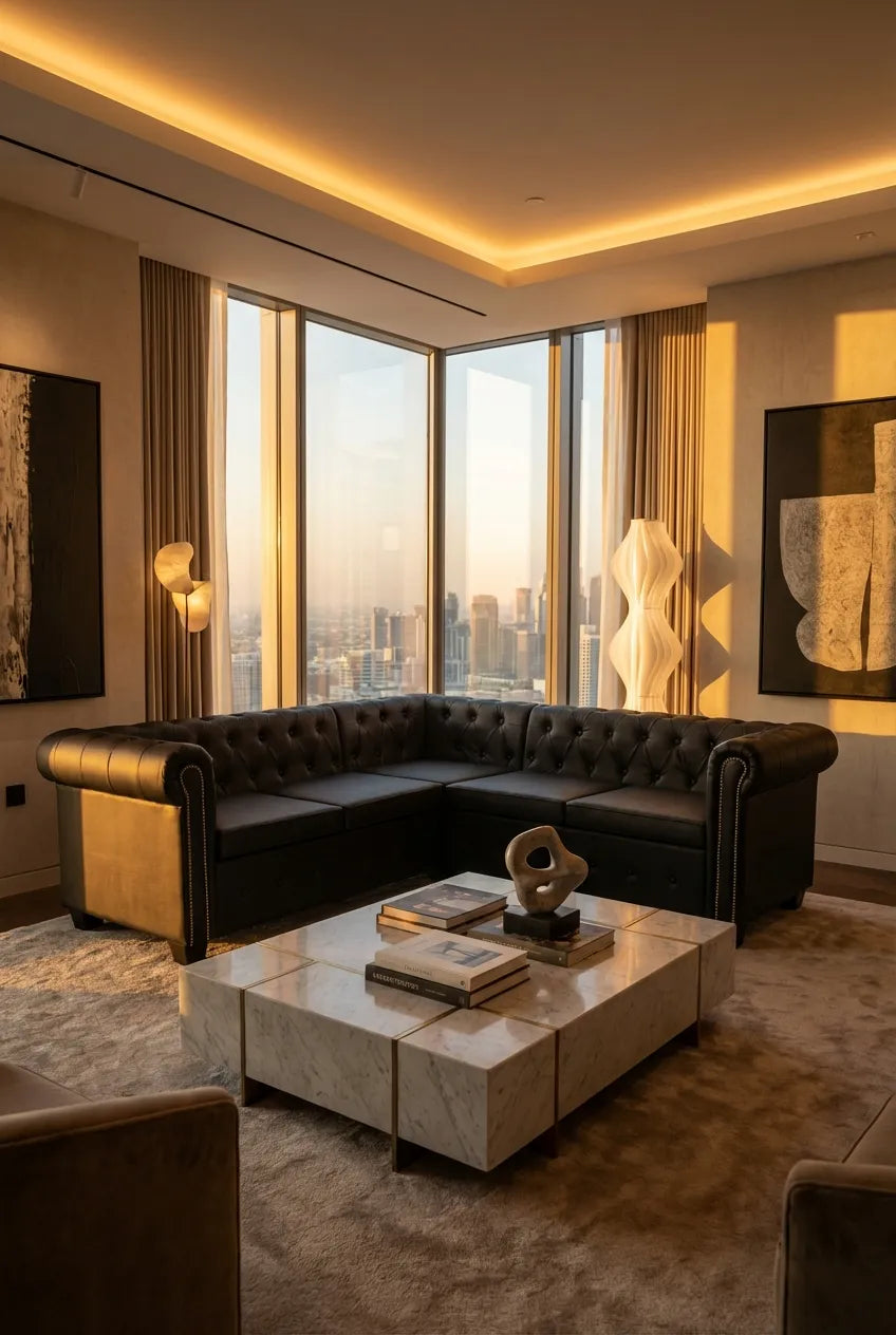 Black Chesterfield Corner Sofa 5-Seater | Tufted Designer L-Shape